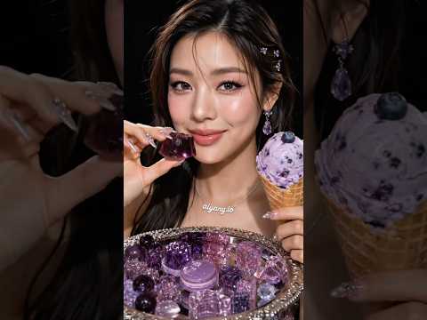 보라색 보석 젤리와 아이스크림을 소개하는 AIYANG AI ASMR 장면